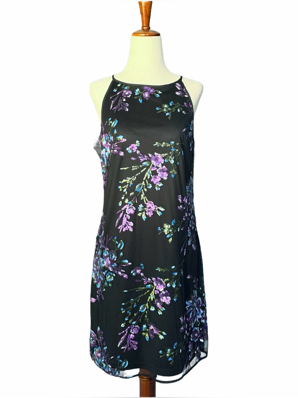 90s vibes White House Black Market Black Halter Mini Dress w/ Floral Print